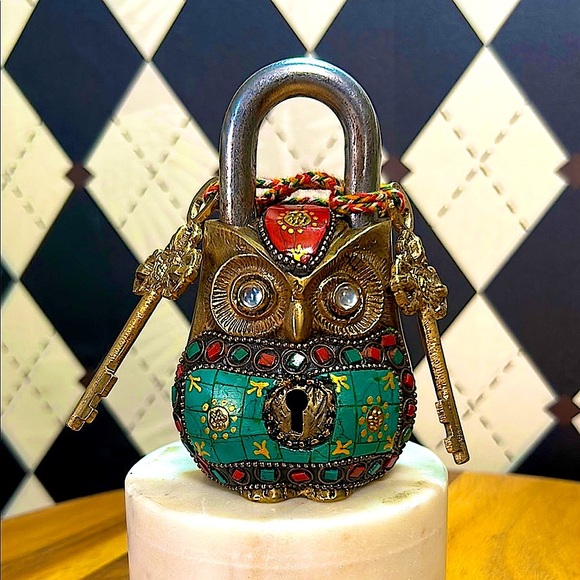 Handcrafted Owl Brass Lock – Ornate, Colorful, & Functional – 2 Keys Included - Picture 1 of 11